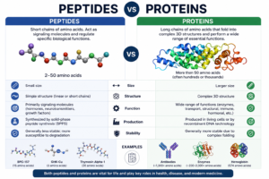 Read more about the article Peptides vs Proteins: Understanding the Key Differences in Structure, Function, and Scientific Research